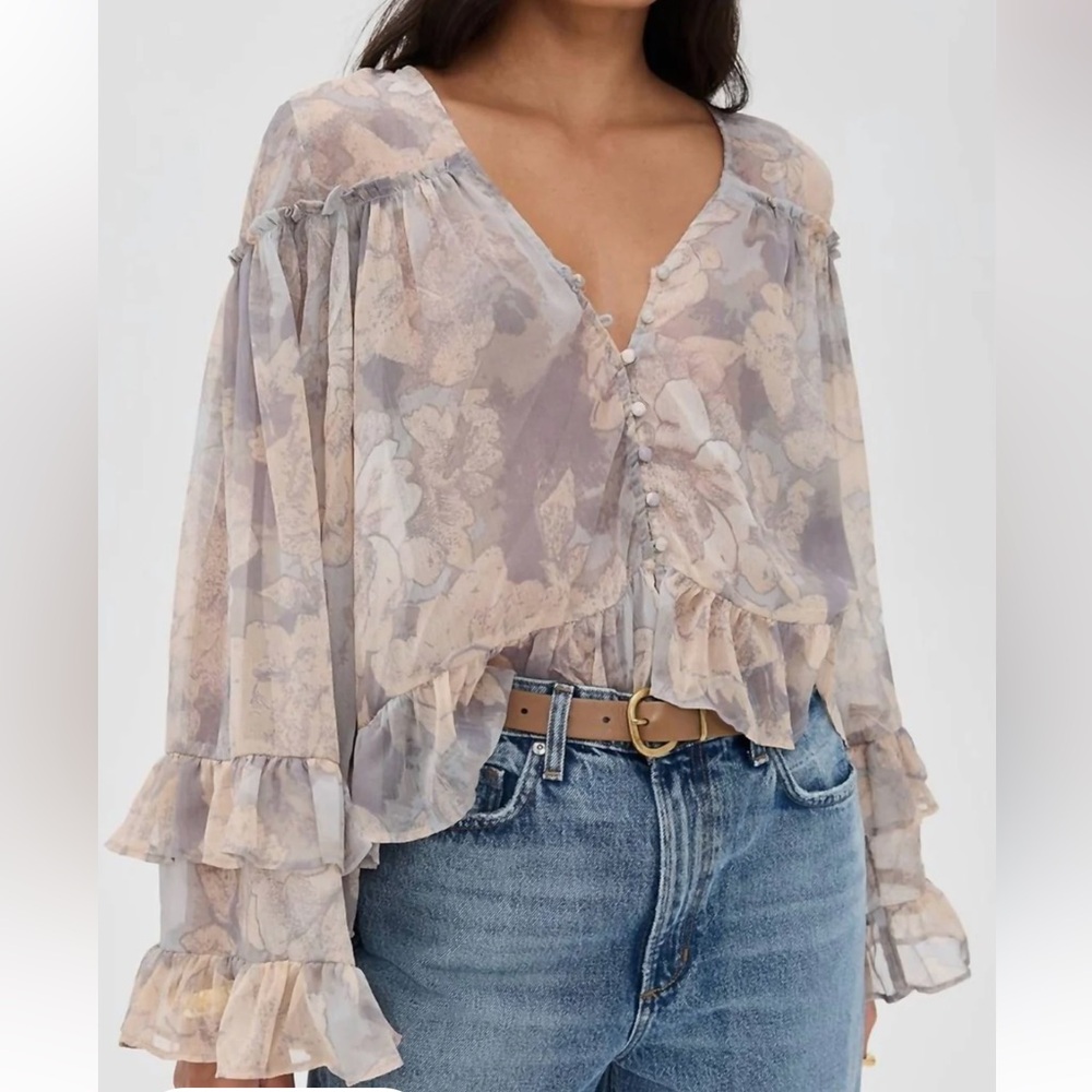 Free People Day Dreaming Floral Sheer Ruffle Blouse
